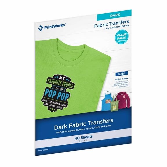 Printworks Color Fabric Transfer Paper, 40 Sheets, Iron on, Printable, Inkjet Compatible, 8.5 x 11