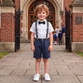 thumbnail image 2 of Boys British Suspender Suit Set, White Short Sleeve Shirt Striped Shorts Bow Tie Suspenders Formal Back to School Outfits for Kids Birthday Wedding Stage Performance(Navy1,11-12 Years), 2 of 5