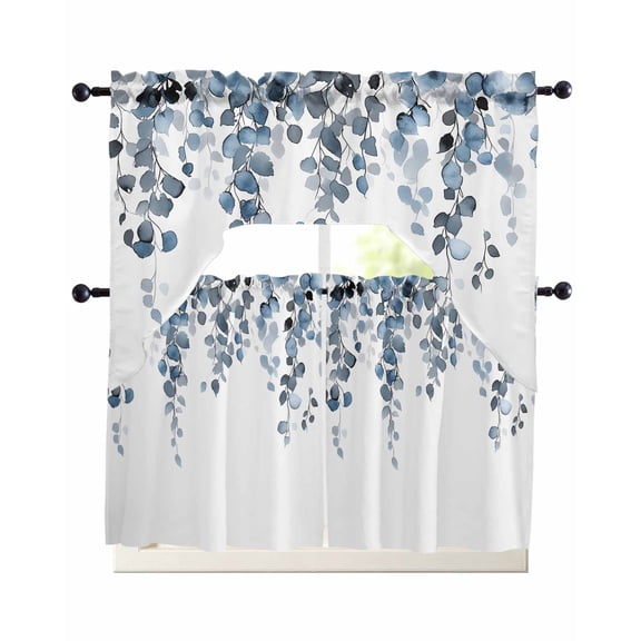 Blue Eucalyptus Leaves Kitchen Curtains Sets 36 Inch Length with Valance, Watercolor Summer Botanical Swag Valances and Tiers Curtain Set Drapes Swag Curtains for Living Room, Bathroom, Bedroom, Cafe