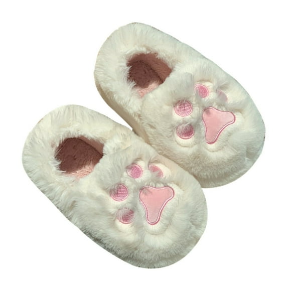 Mens and Womens Furry Shoes Fluffy Plush Cute Cat Claws Cover Heel Memory Foam Thick Bottom Soft Sole Comfortable Non-Slip Warm Winter Home Slippers White