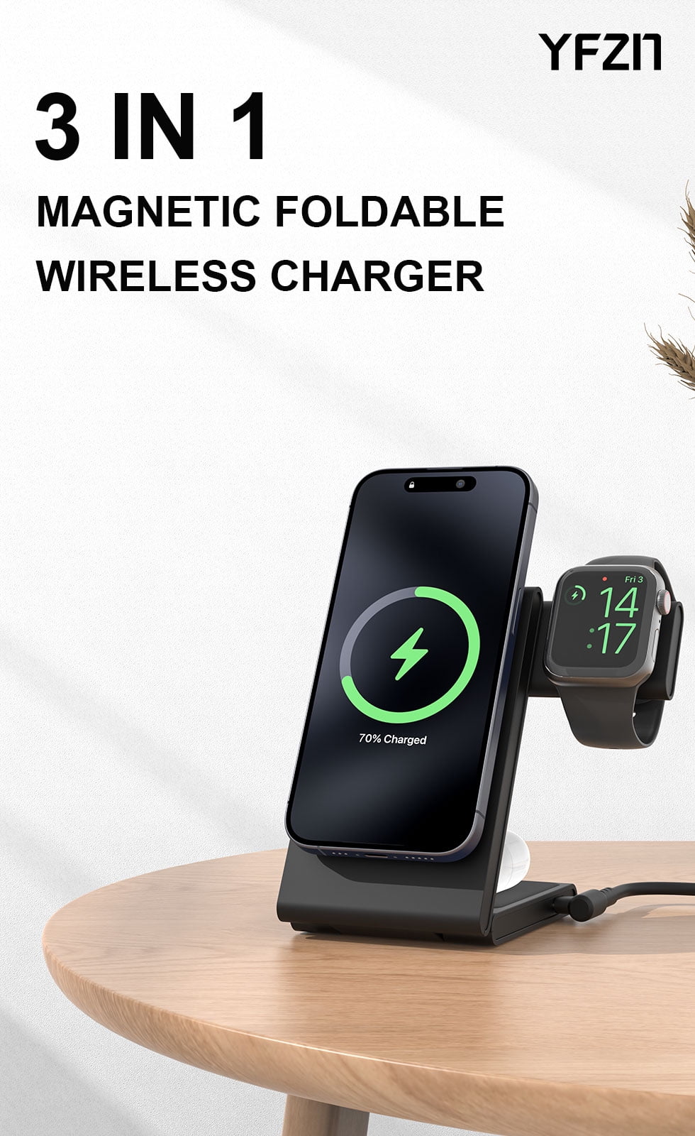 YFZN M5 3 in 1 Wireless Charging Station for Multiple Devices, Fast Foldable Portable Travel Stand for iPhone 16/15/14/13/12/Series, Magnetic Charger for Apple Watch 10/Ultra 2/AirPods (all)