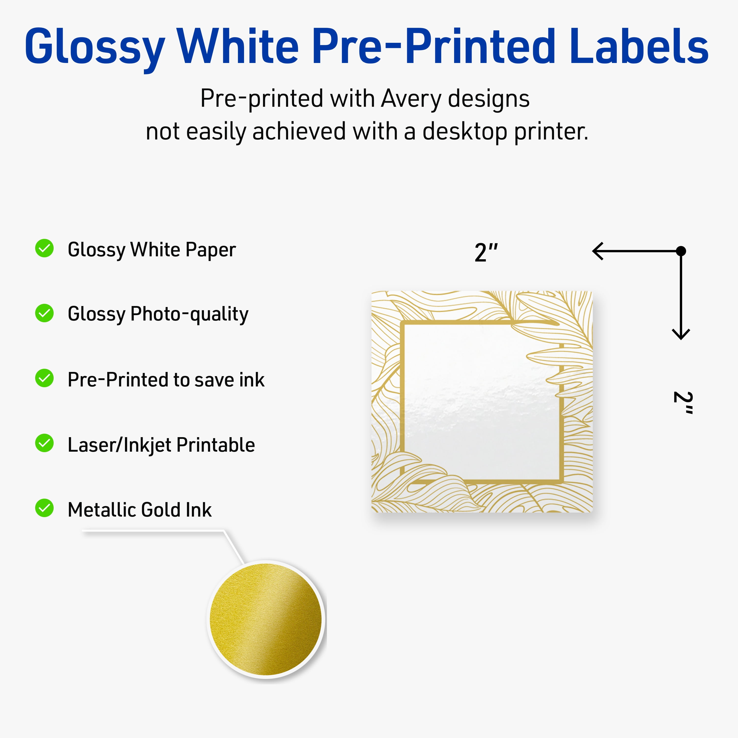 Avery Square Labels, Gold Florals, 2" x 2", 120 Total, Glossy, Gold Monstera Leaves