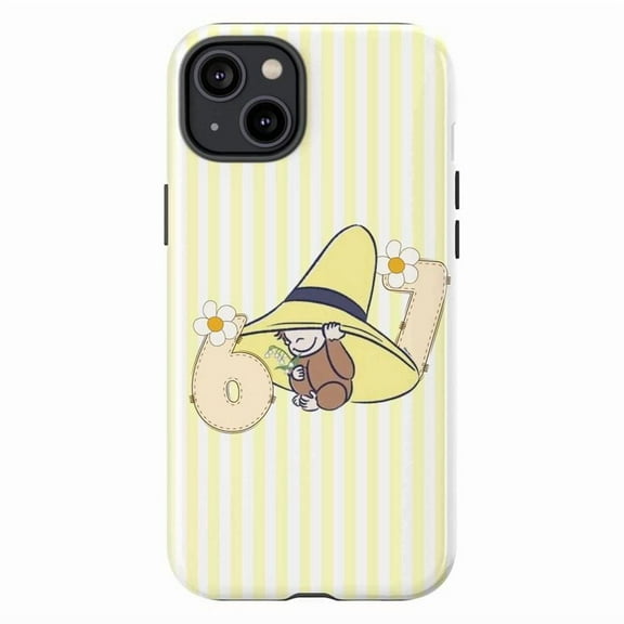 Cute Curious Monkey Phone Case with Numbers 67, Yellow Striped Background Playful Artistic Protective Case for iPhone 17 16 15 14 13 12 11 Plus Pro Max Mini