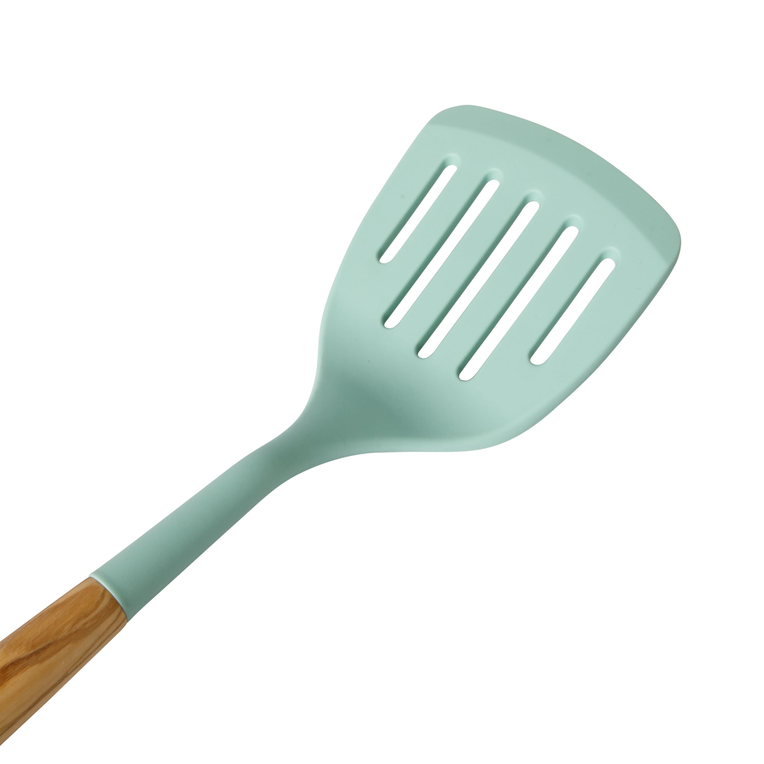 The Pioneer Woman Silicone Slotted Turner with Olivewood Handle, Green