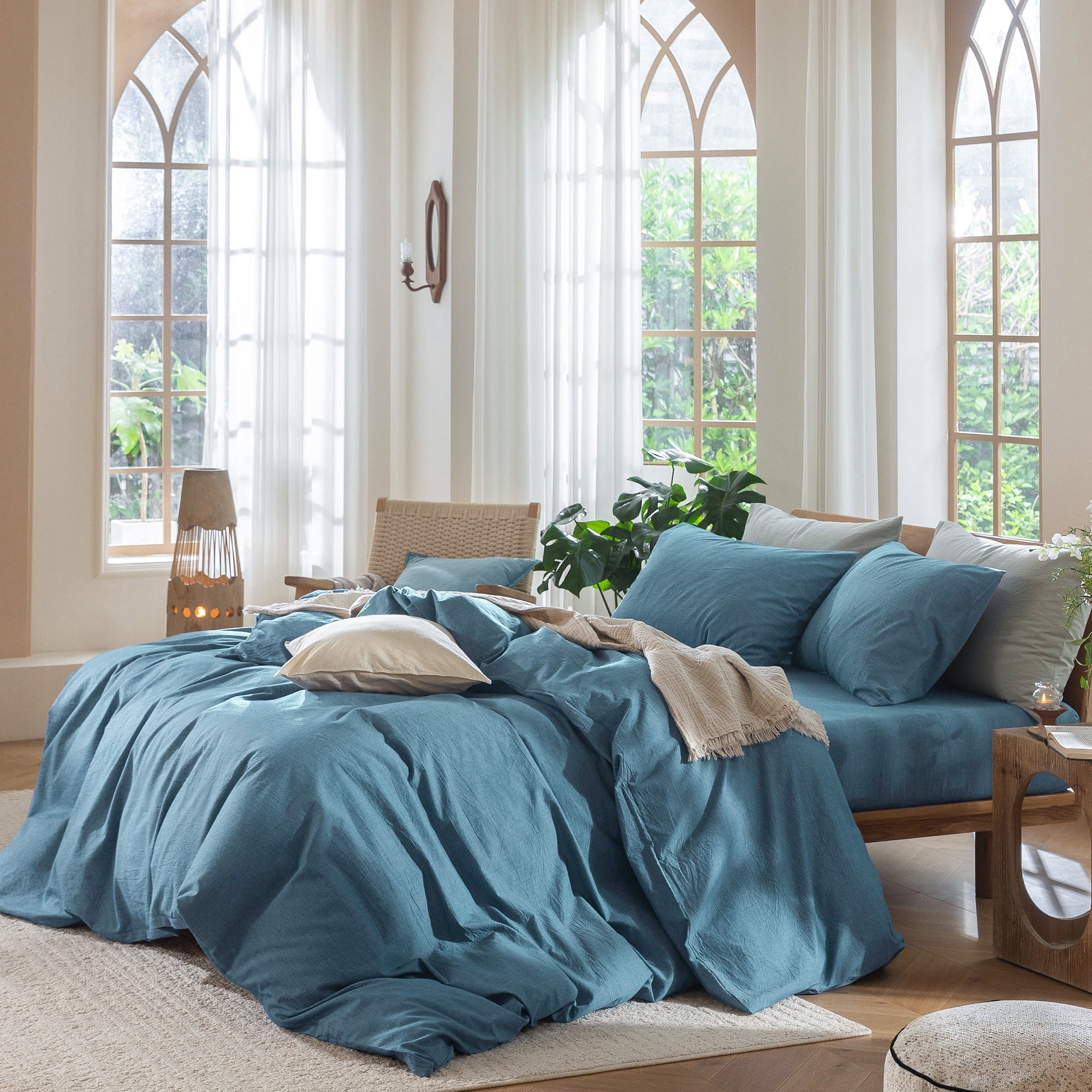 MooMee Duvet Cover Set Full 100% Washed Cotton Linen Like Textured Breathable Lightweight 3-Piece (Peacock Blue, 80"x90")