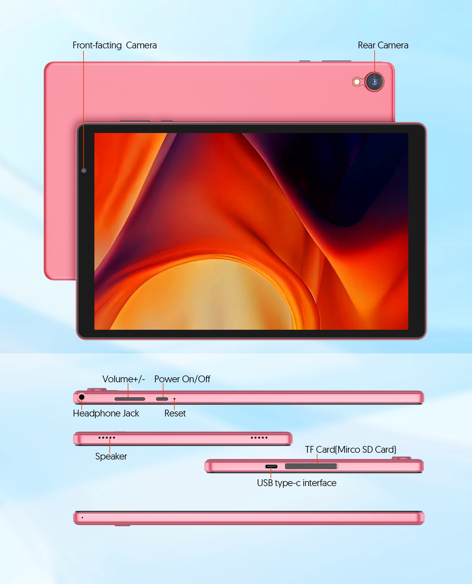 Android Tablet, 10 inch Android 14 Tablet, Quad-core CPU, RAM 4GB（2G+2G）, ROM 32GB (Up to 1TB), 800x1280 IPS, WiFi 6, 2MP+2MP, 6000mAh, Pink
