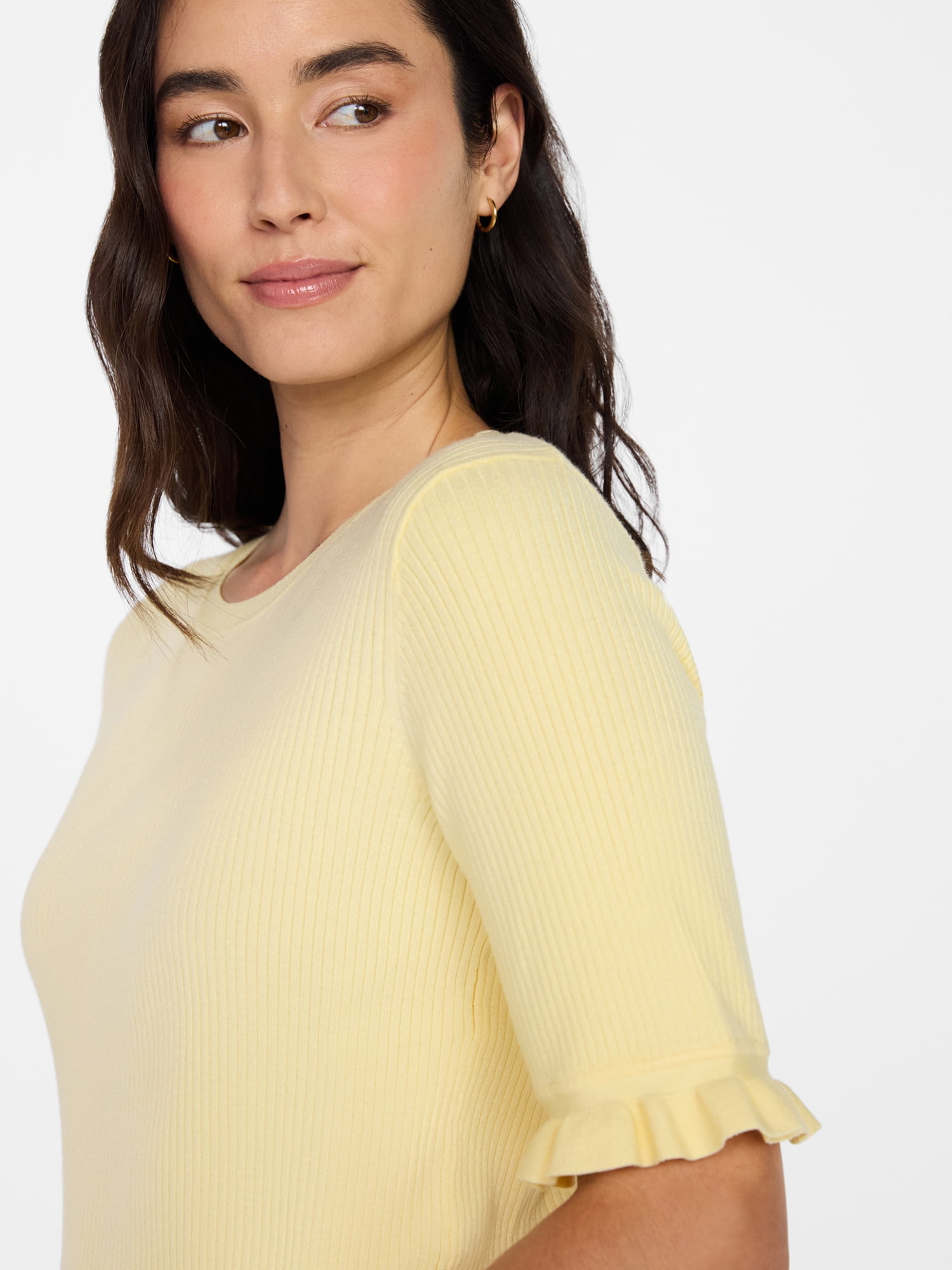 Time and Tru Women's Ribbed Sweater with Flounce Sleeves, Midweight, Sizes XS-XXXL