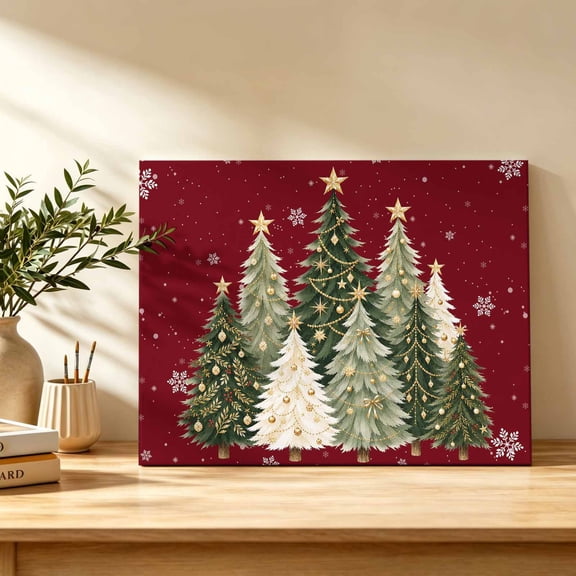 Christmas Tree Canvas Wall Art, Winter Red Pastoral Snowflake Stars Balls Bell Wall Art Prints Artwork Framed Canvas Ready to Hang Art Pictures for Dining Room Bedroom Study Lounge Nook 18" x 12"