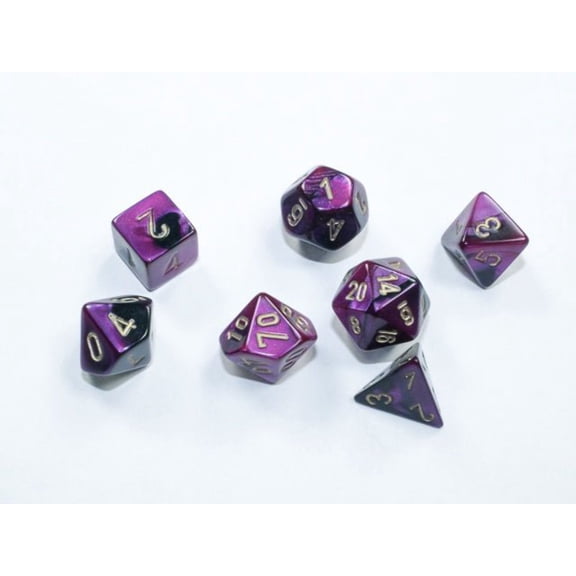 'Black and Purple Gemini Mini Dice with Gold Colored Numbers 10mm (3/8in) Set of 7 Chessex