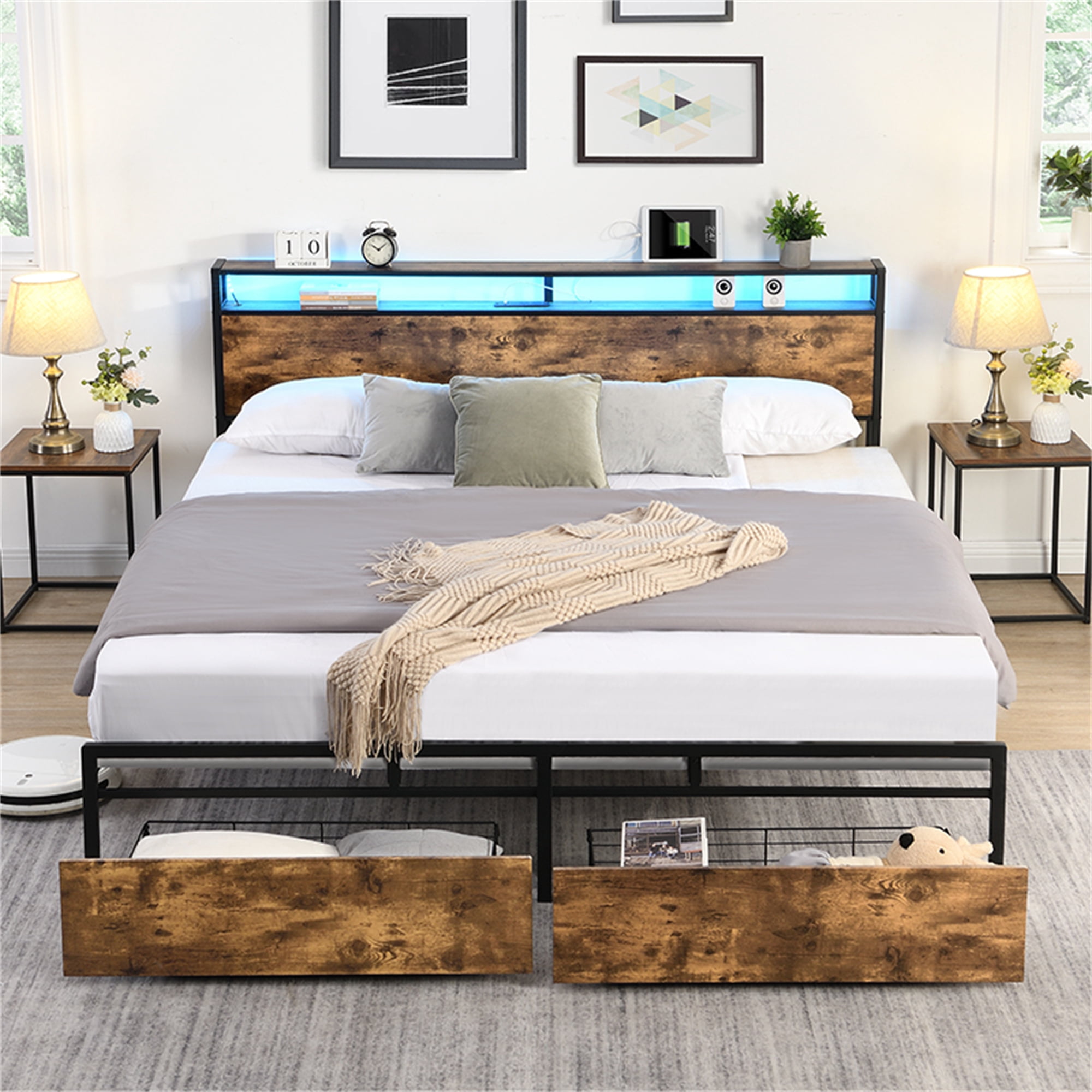 Aukfa Metal Queen Size Bed Frame with USB Ports, 16 Colors LED Lights, 2 Storage Drawers, Brown