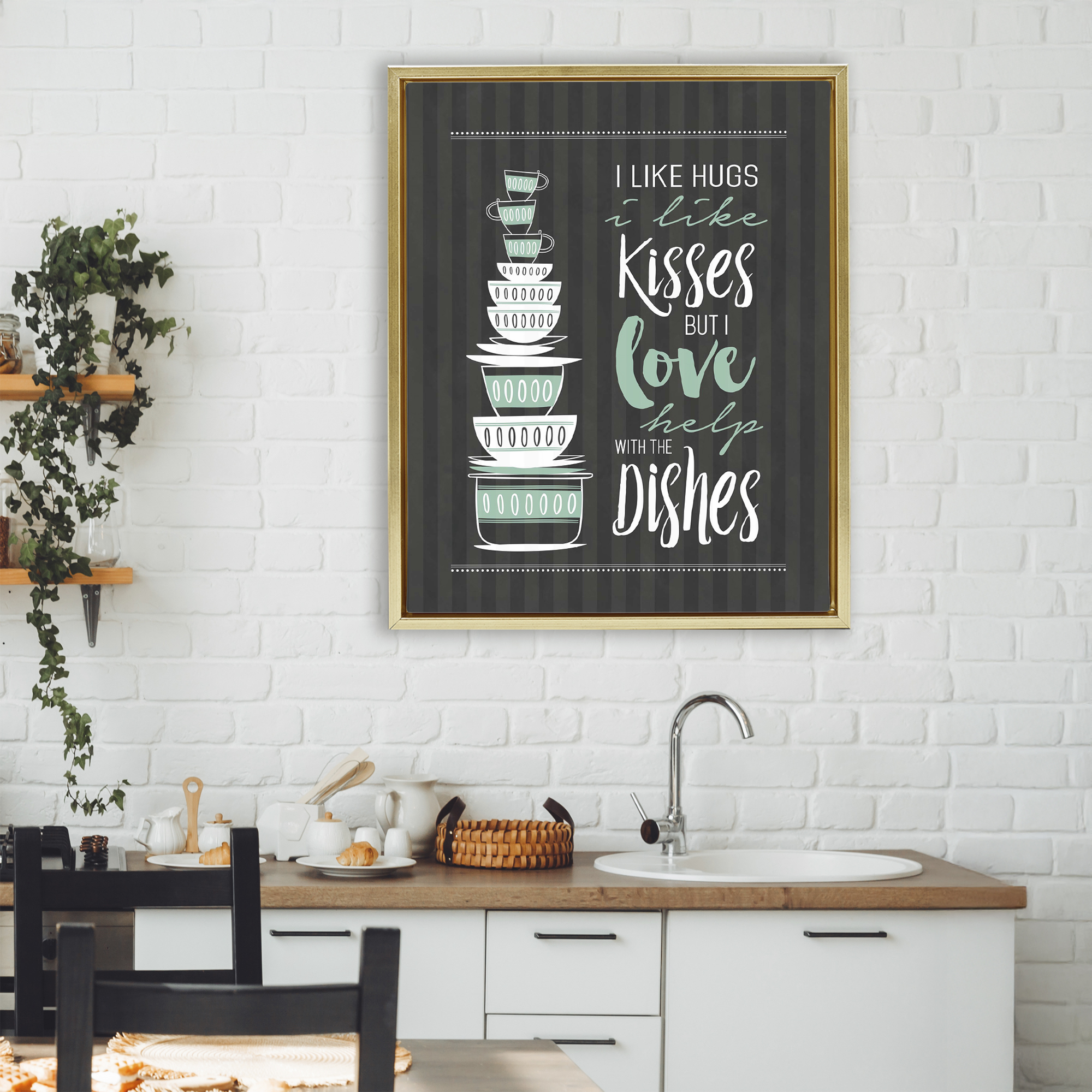 Love Help With Dishes Gold Framed Floater Canvas Wall Art, design by Lettered and Lined
