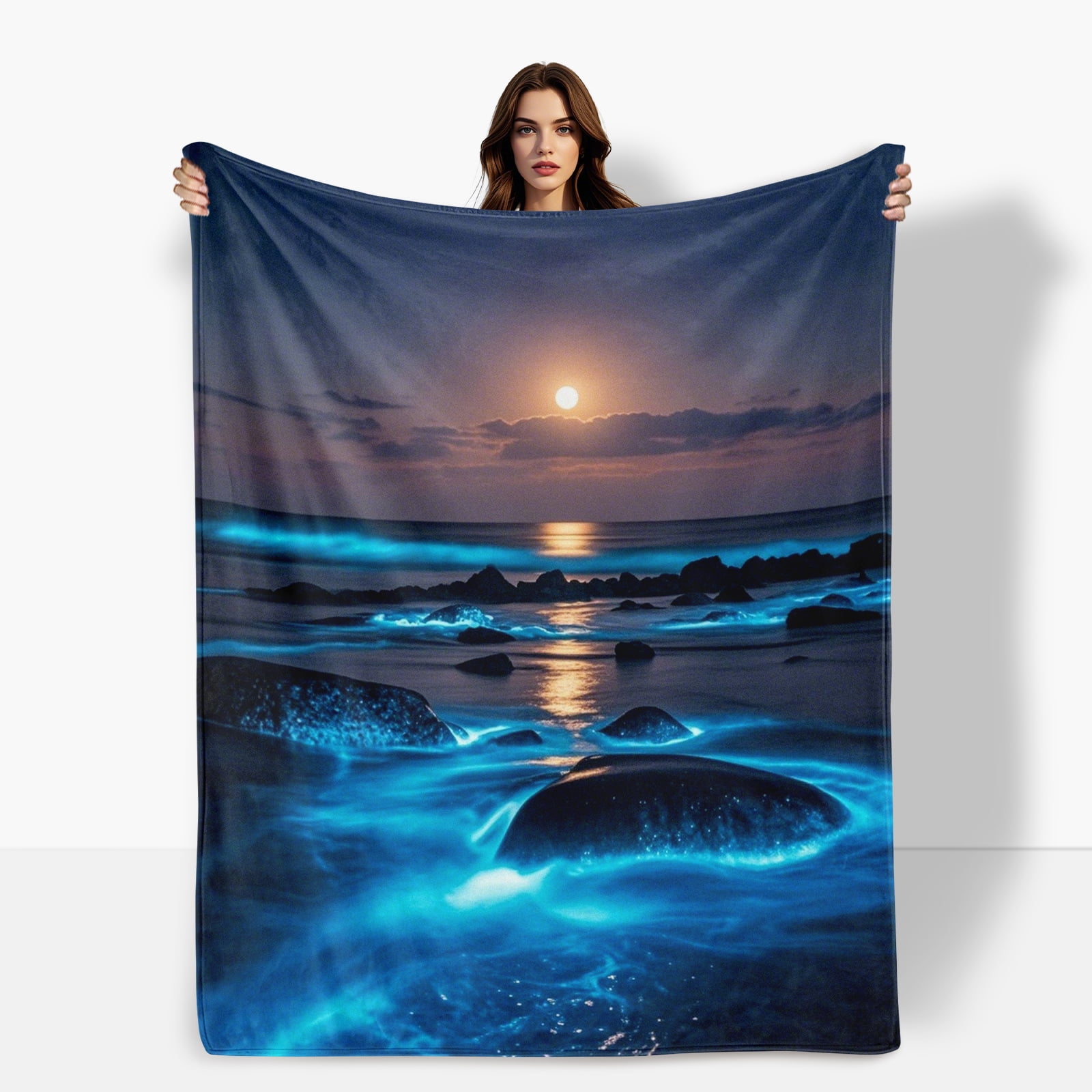Full Moon Glow Blue Wall Hanging Design Cozy Fleece Blanket Soft Warm Comfortable For Sofa Bed Travel Camping Living Room Office Chair Polyester Gift For Family Or Friends