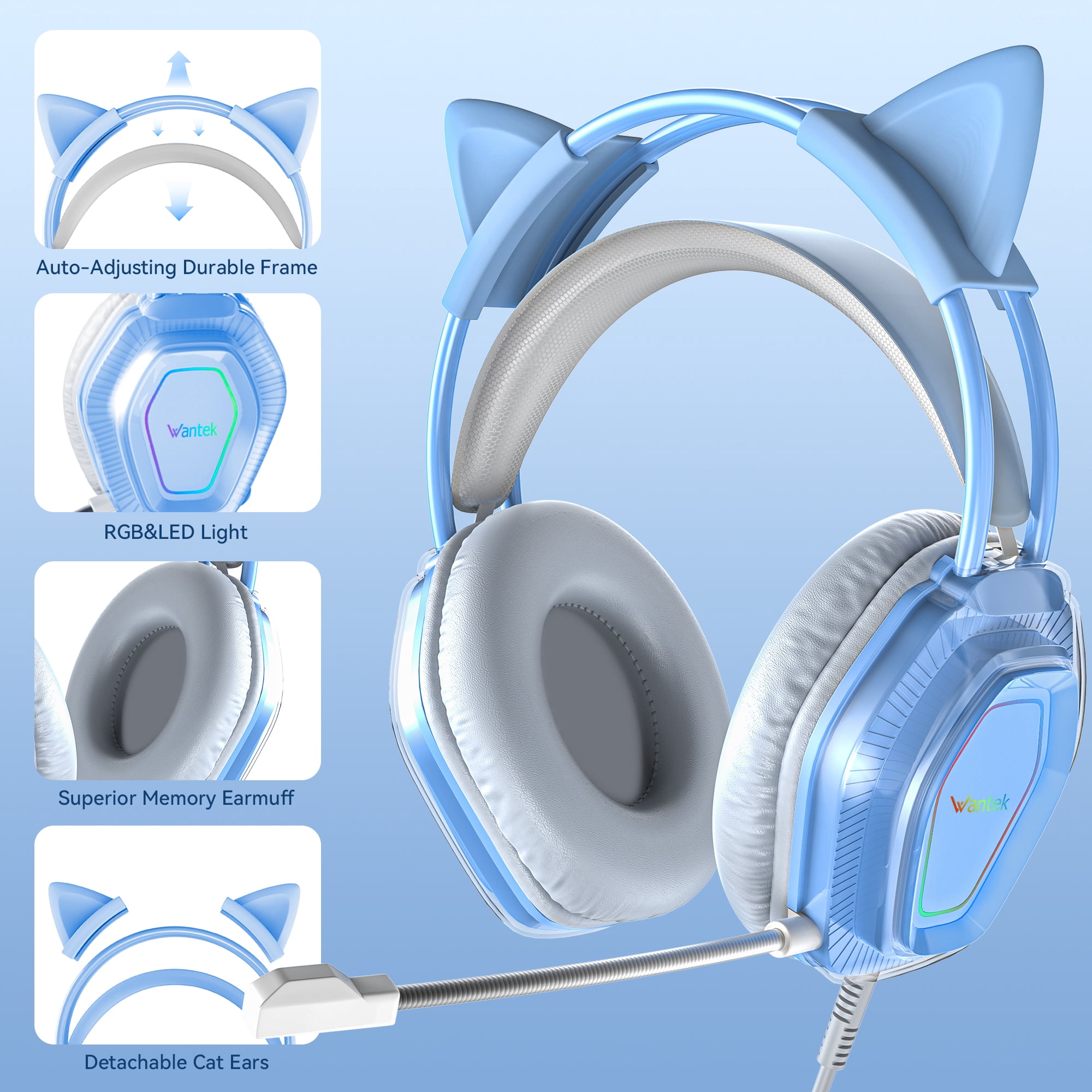 Wantek Gaming Headsets, Surround Stereo Gaming Headphones with Noise Cancelling Mic, LED Lights & Soft Memory Earmuffs for PS5/ PS4/ Xbox One/Nintendo Switch/PC Mac Computer Games- Blue