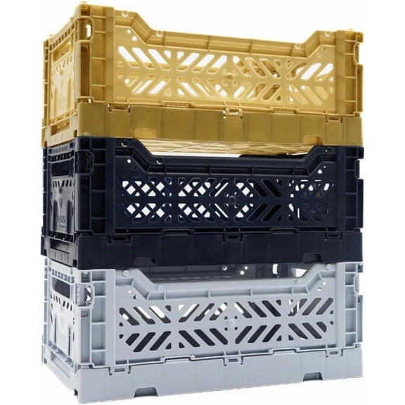 Collapsible Storage Box, Foldable Crate Organizer Bin with Handle, Stackable Crates for Home Organization (Blue-Gold-Navy, 4L - 3-Pack)