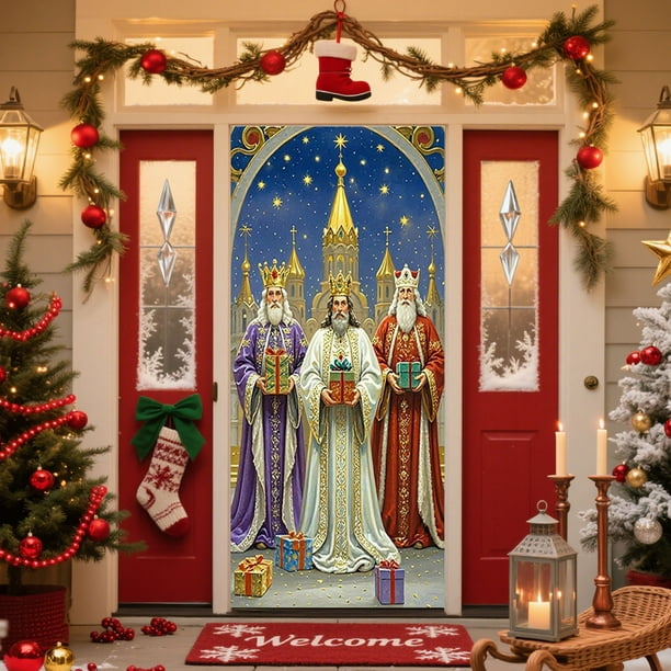 Bandera navideña para puerta | Decoración navideña de poliéster de 180 x 90 cm | Tema religioso: Salvador, María, los Tres Reyes Magos y el Ángel | Decoración para fotos de fiestas en interiores y