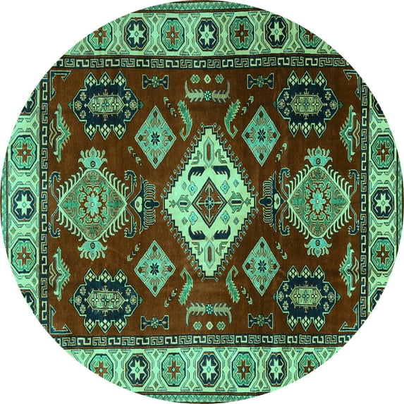 Ahgly Company Indoor Round Geometric Turquoise Blue Traditional Area Rugs, 4' Round