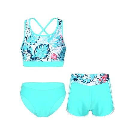 DPOIS Girls Print 3 Piece Swimsuits Bikini Sets with Boyshorts Tankini Bathing Suit Green Palm Leaf 10