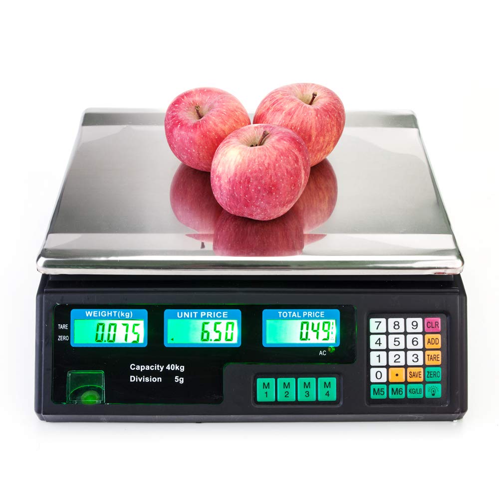 88LB 40KG Electronic Commercial Price Computing Scale with LCD Display for Retail Outlet Store, Kitchen, Restaurant Market, Farmer, Food, Meat, Fruit,Black
