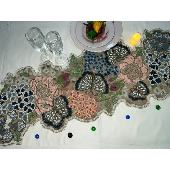 Butterflies Burlap Table Runner, Handmade Table Runner, Beaded Multicolor Table Topper, Spring Table Runner 13X36 Inches
