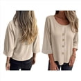 thumbnail image 3 of Blusas de para Mujer, Cuello en V, Mangas 3/4, Abotonadas, Sueltas, Informales, Lisas, Tipo Túnica. Albaricoque XXXL, 3 of 6