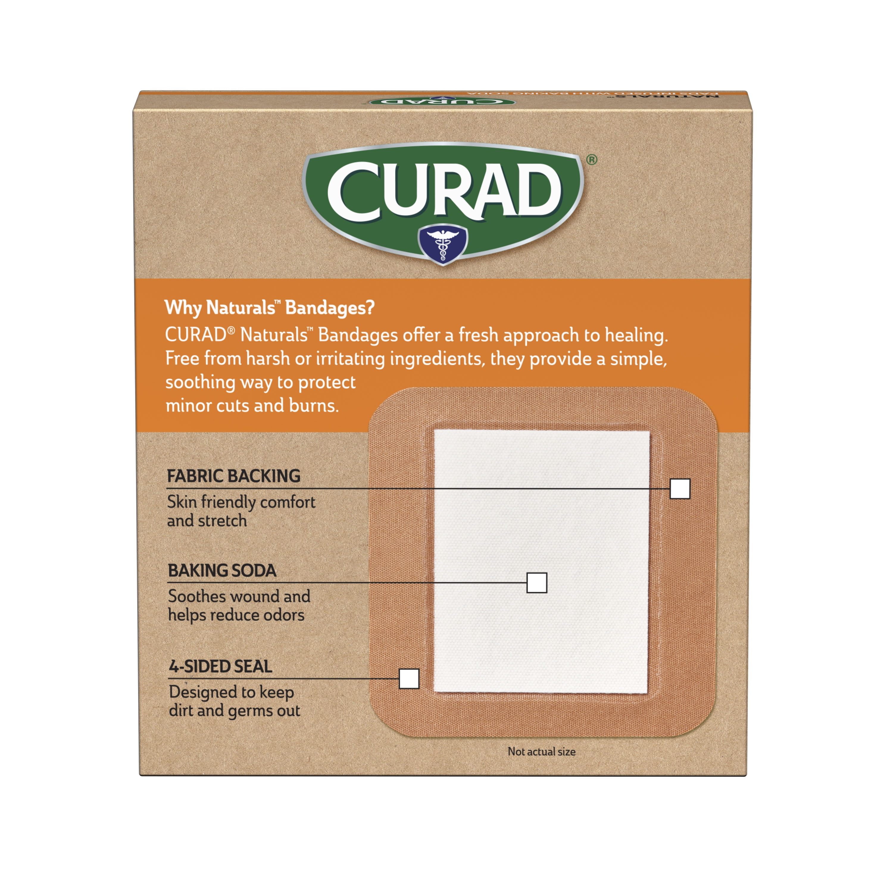 Curad Naturals Baking Soda Bandages 4" x 4", 24 Count, For Scrapes & Cuts, Absorbent & Self-Adhesive, 6 Per Box