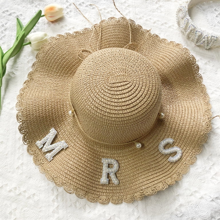 Straw Weaving Brides Hat with Pearl BRIDE/MRS Letter Wedding  display picture 3
