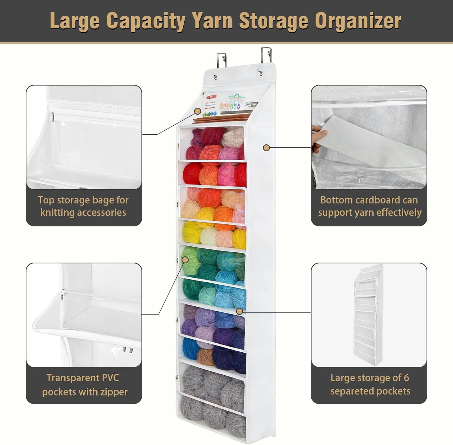 Hanging Yarn Storage Organizer, Large Capacity Knitting Organizer Storage with 6 Zipper Closure Compartments, Over the Door Hanging Yarn Holder for Knitting Needles, Crochet Hooks (Clear White)
