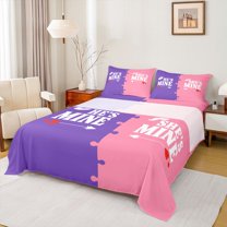 jejeloiu Happy Valentine'S Day Queen Sheet Sets,Love Couple Flat Sheet,Pink Purple Queen Fitted Sheet For Adults,Ultra Soft Home Decor,4-Piece