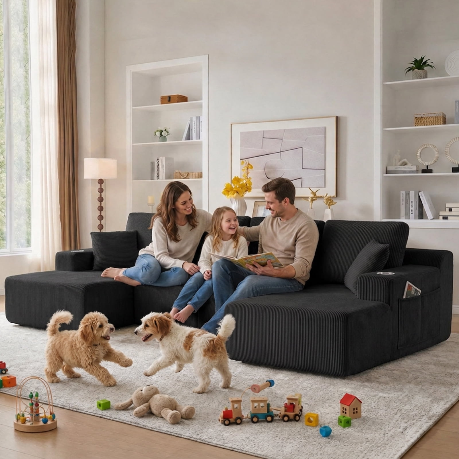 130" U-Shaped Boneless Modular Sectional Sofa with Chaise, 6 Pillows and Cup Holders
