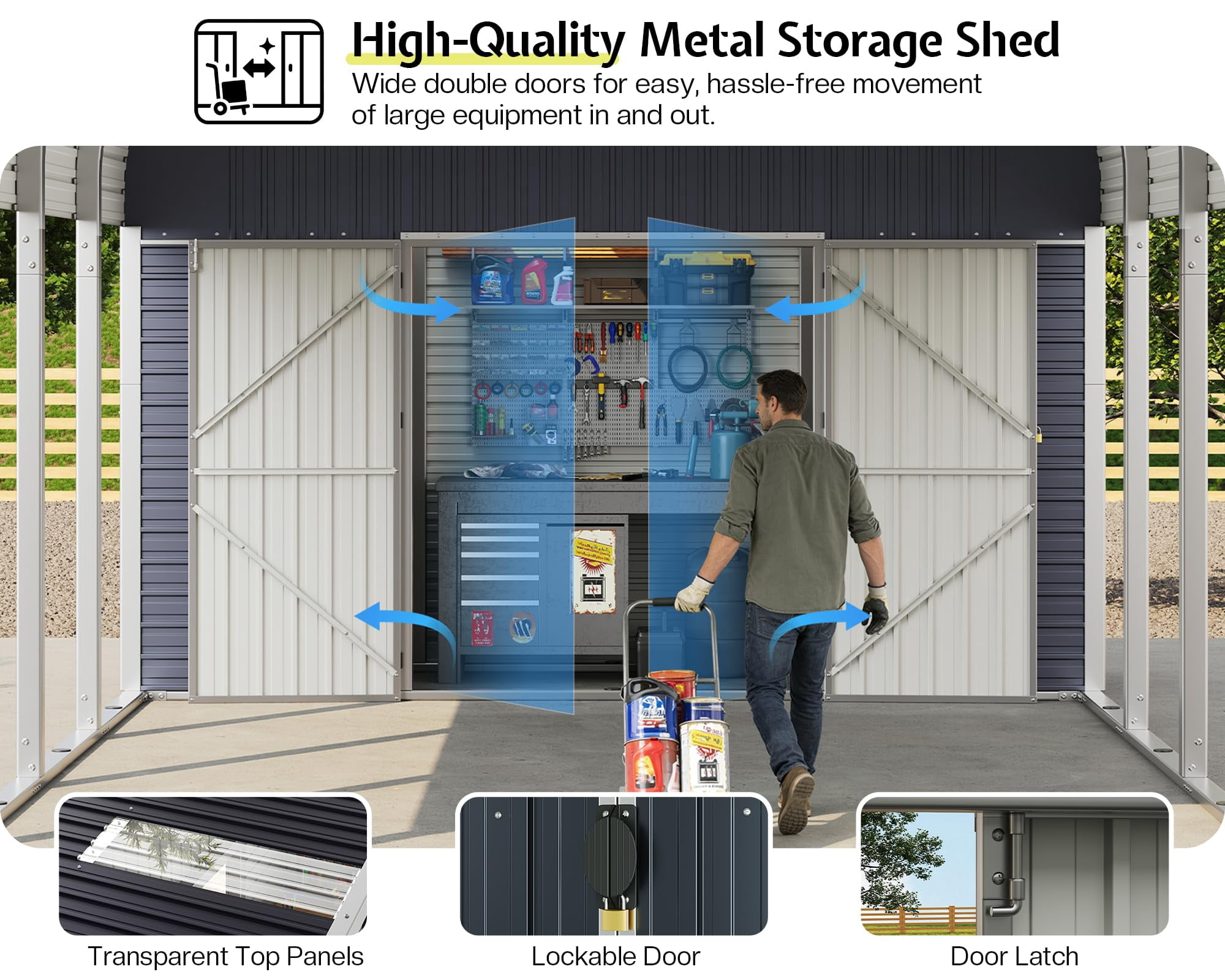 Jocisland 12'x24' 2-in-1 Carport & Storage Shed, Heavy Duty Carport with Galvanized Steel Roof, 2 Transparent Panels & Double Doors for Cars, Trucks