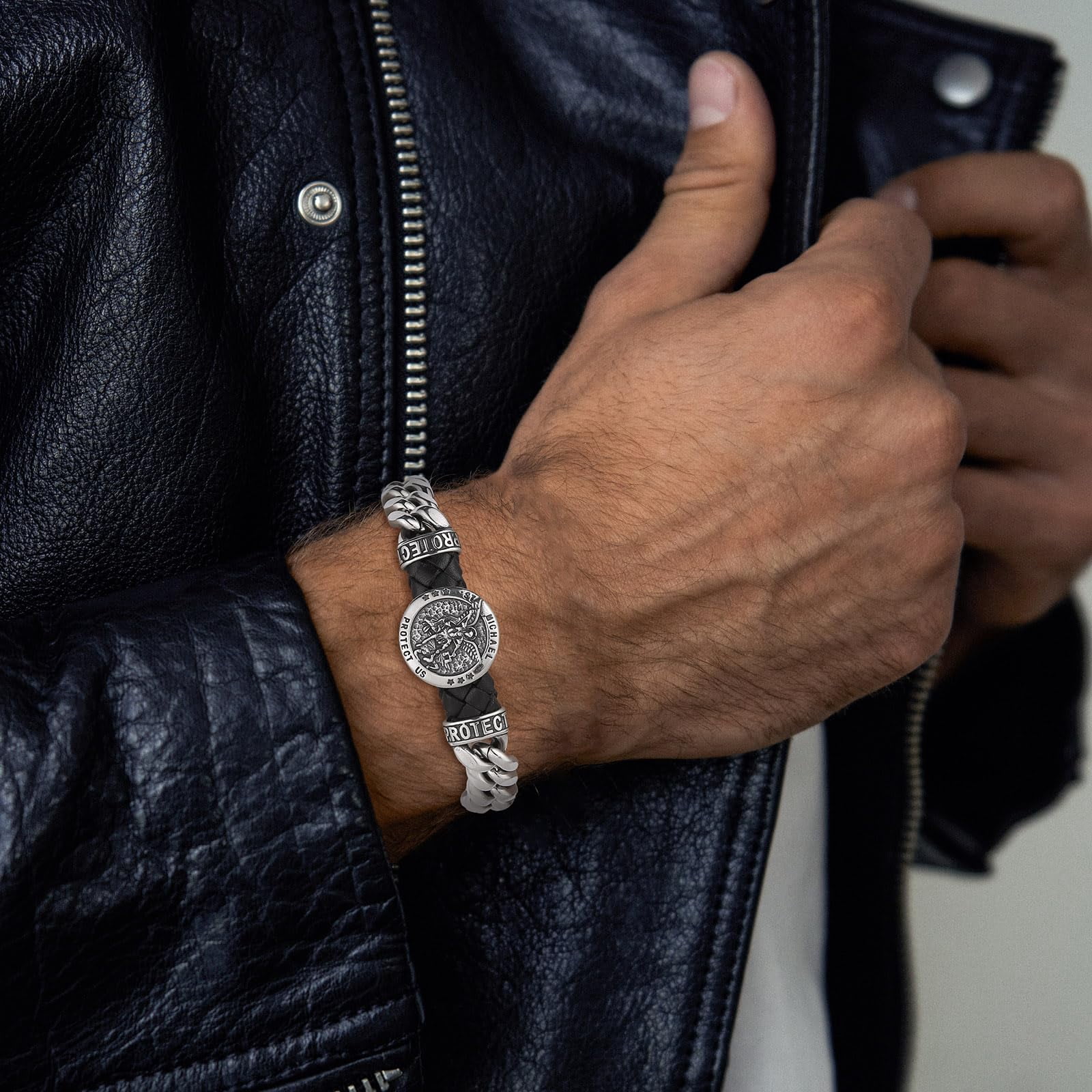 HZMAN 8.5Inch Cuban Chain Bracelet Classic Heavy Stainless Steel Bracelet for Men Biker Saint Michael Archangel Medal Link Bracelet Jewelry Gift