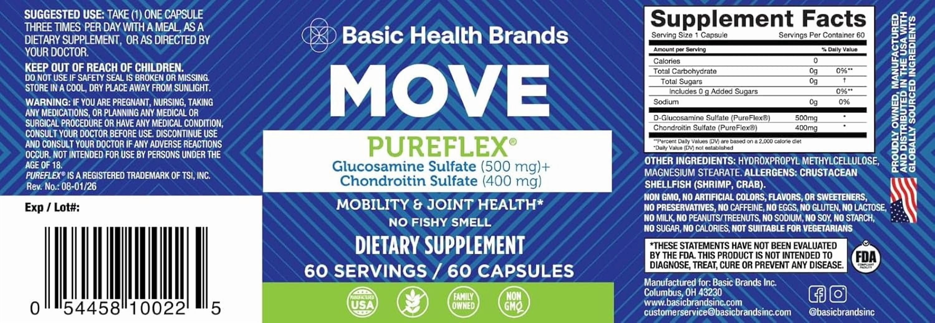 Basic Brands MOVE Pureflex Glucosamine Sulfate & Chondroitin Sulfate, Joint Health, 60 Count, 2Pack