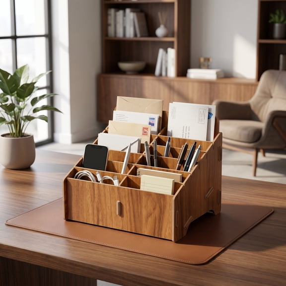 Liujiale 12 Cells Desktop Organizer Wooden Desk Organizer Desktop File Shelf Mail Sorter Tray Multifunction Storage Box Rack For Office Home Tabletop Remote Controller