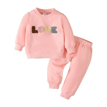 

Otqutp Baby Loose Clothes 2024 Spring New Baby Girls Boy Long Sleeved Pullover Sweatshirt Letter Print Set Kids Valentine s Day Outfit(Pink 12-18 Months)