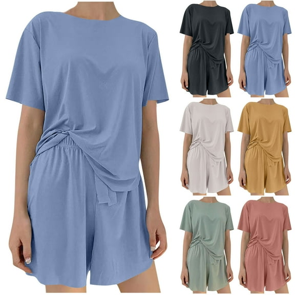 Antinious Women Solid Color Crew Neck Short Sleeve Shorts 2 Piece Pajamas with Drawstring,Summer Holiday!Pajamas for Women Set,Women's Sleepwear Outfits,Gray,Free Size