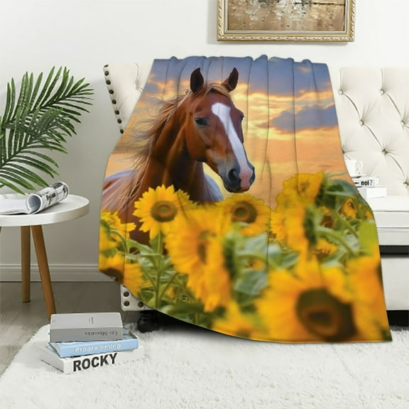 COMIO Red Horse Sunflower Throw Blanket Cozy Soft Warm Lightweight Flannel Blankets for Bed Sofa Couch