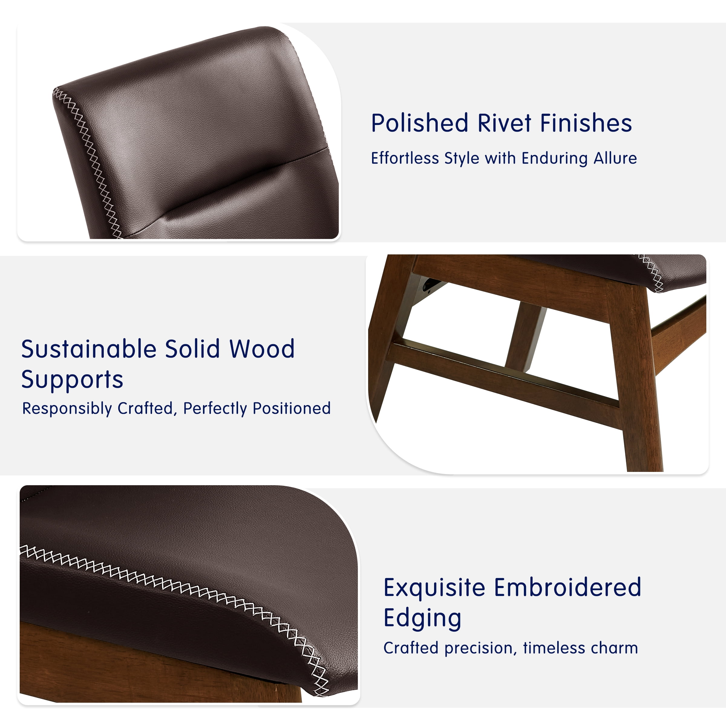 Leather Dining Chairs Set of 2, Embroidered Leather Upholstered Dining Chairs for Kitchen, Dining Room, Brown