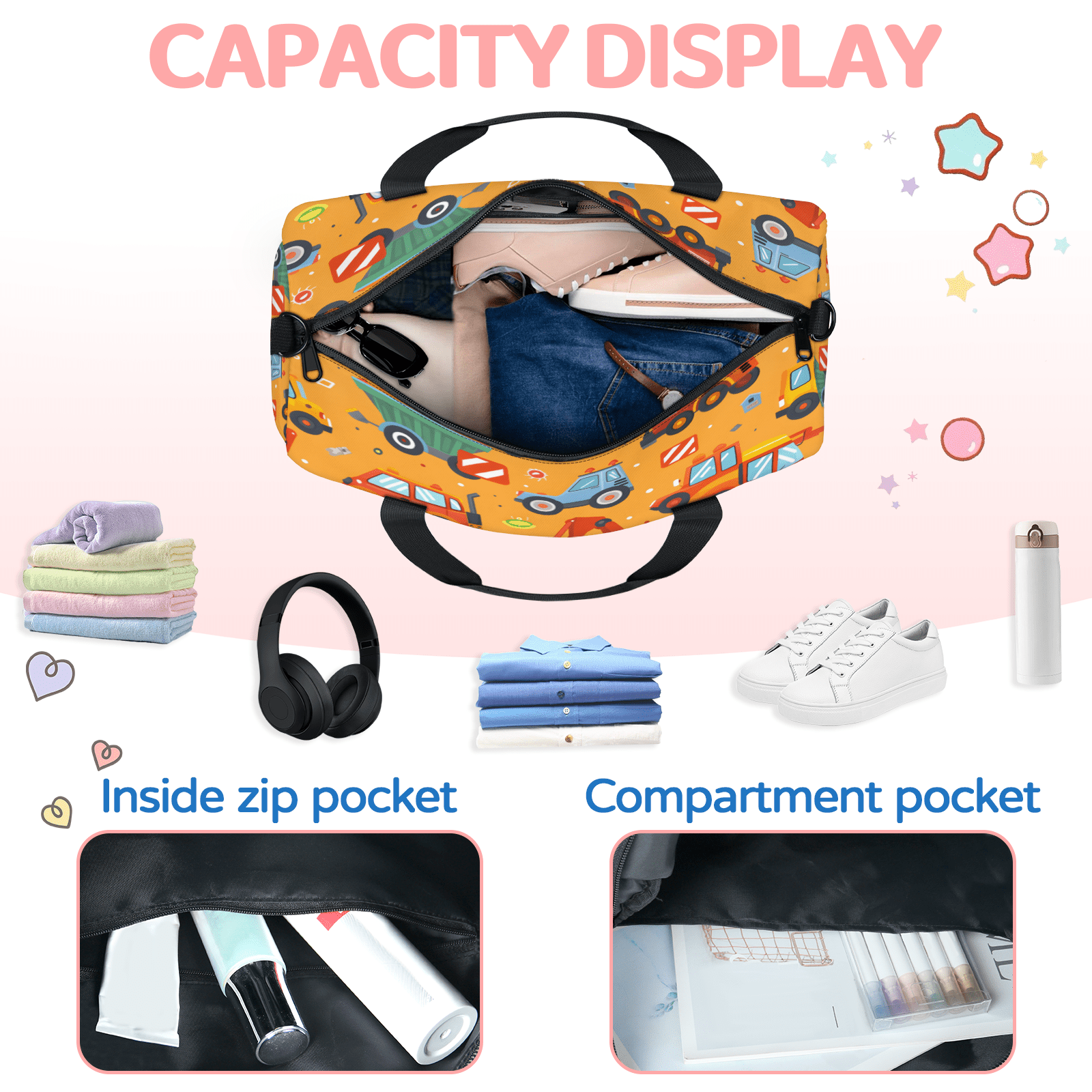 Herdesigns Transportation Gym Bag for Women, Duffle Bag for Travel Sport, Cartoon Truck Tractor Lightweight Waterproof Carry on Weekender Dance Yoga Workout Bags