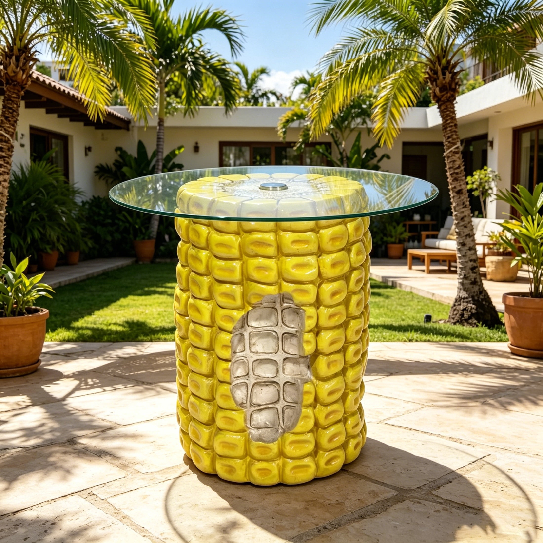 Noble House Novelty Corn Shaped Side Table with Tempered Glass Top & Weatherproof Resin Base, Home Decor, Yellow
