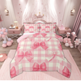 thumbnail image 1 of Manfei Ensemble de Douillette Princesse Rêveuse avec Nœud pour Enfant, Ensembles de Douillette Simple Rose Vintage à Carreaux Buffalo, Ensemble de Literie Réversible Kawaii à Nœud Cartoon, Décor Maison Ultra Doux, 2 Pcs, 1 of 6
