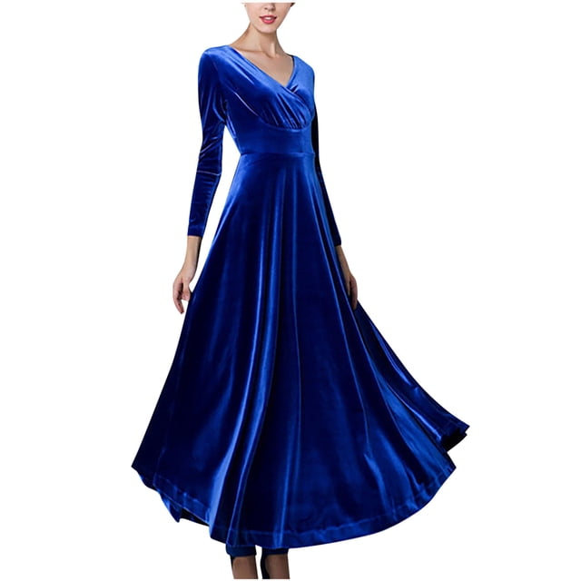 DPTALR Robe Élégante Décontractée Unie pour Femmes Col en V Manches Longues Robe de Soirée Longue