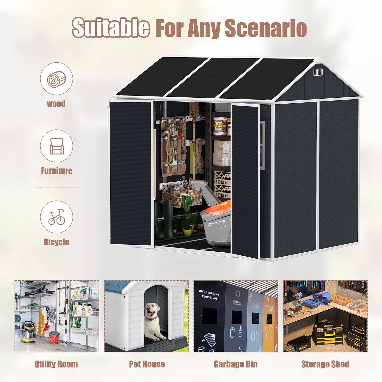 8x7 FT Resin Outdoor Storage Shed, Waterproof Plastic Garden Shed, Large Storage Space, Lockable Doors & Windows, Plastic Tool Shed, 12mm Thick PP Board (4X8 FT)