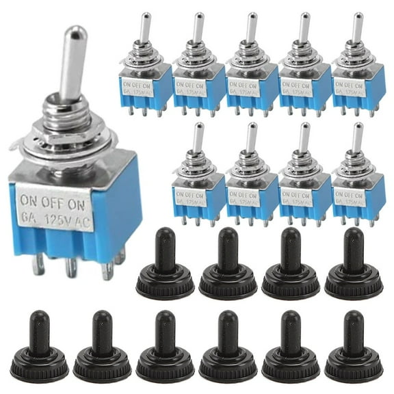 10pcs Mini Toggle Switch 6 Pin Metal Rocker Switch 125V,On-On/On-Off-On,Waterproof Cover,for Car Electronics,Blue