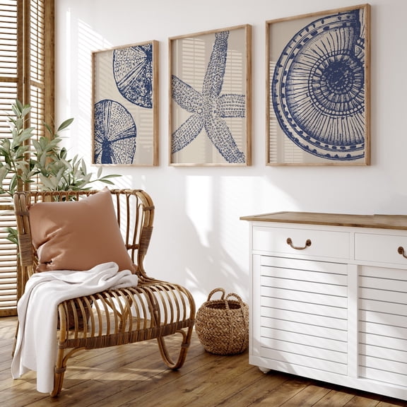 3pcs Coastal Wall Art Set, Beach-Themed Canvas Prints, Modern Blue Coast Art with Seashells & Coins, Frameless Art Deco Retro Style, Indoor Portrait Orientation, Landscape Theme for Living Room, Bed