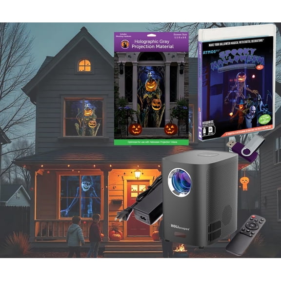 HoliScapes USB Projector Kit - AtmosFx Spooky Halloween Hollusion Vol 2 on USB + Projector + 5 ft x 9 ft Holographic Screen