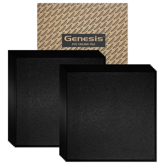 Genesis 2ft x 2ft Black Stucco Pro Revealed Edge Ceiling Tiles - Easy Drop-in Installation - Waterproof, Washable and Fire-Rated - High-Grade PVC to Prevent Breakage - Package of 12 Tiles