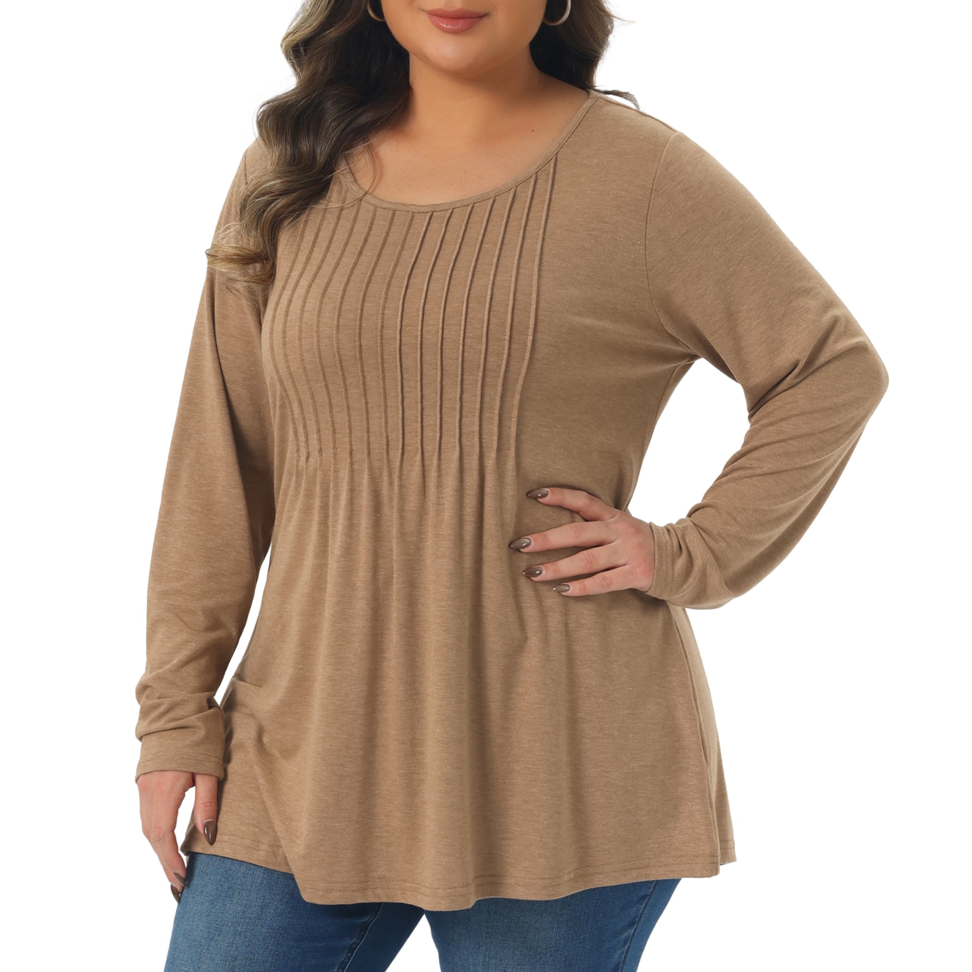 DARING DIVA Women's Plus Pleated Blouses Crew Neck Soft T-Shirt 4X Camel