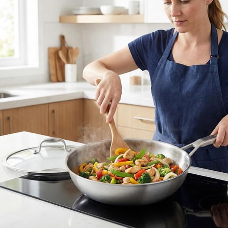 12 Inch Stainless Steel Wok Pan with Lid Induction Compatible Stir Fry Pan Tri-Ply Construction All Stovetops Oven Dishwasher Safe