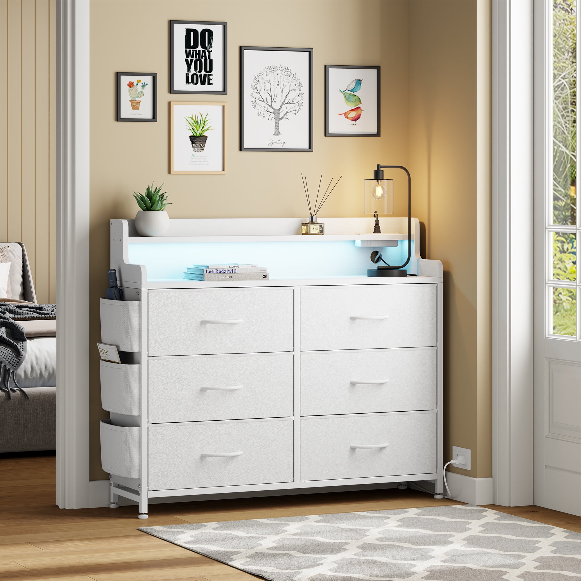 GIKPAL White Dresser for Bedroom 6 Drawers - Fabric Dressers for Bedroom with LED Light & Charging Station - Chest of Drawers for Living Room Hallway Closet,White