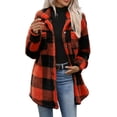 thumbnail image 2 of Hzzrkos Women Casual Loose Plaid Button Down Lapel Collar Long Sleeve Fleece Lined Shacket Jacket Warm Winter Outerwear Coat Fashion Button Front Shirt Jacket Red XL, 2 of 9